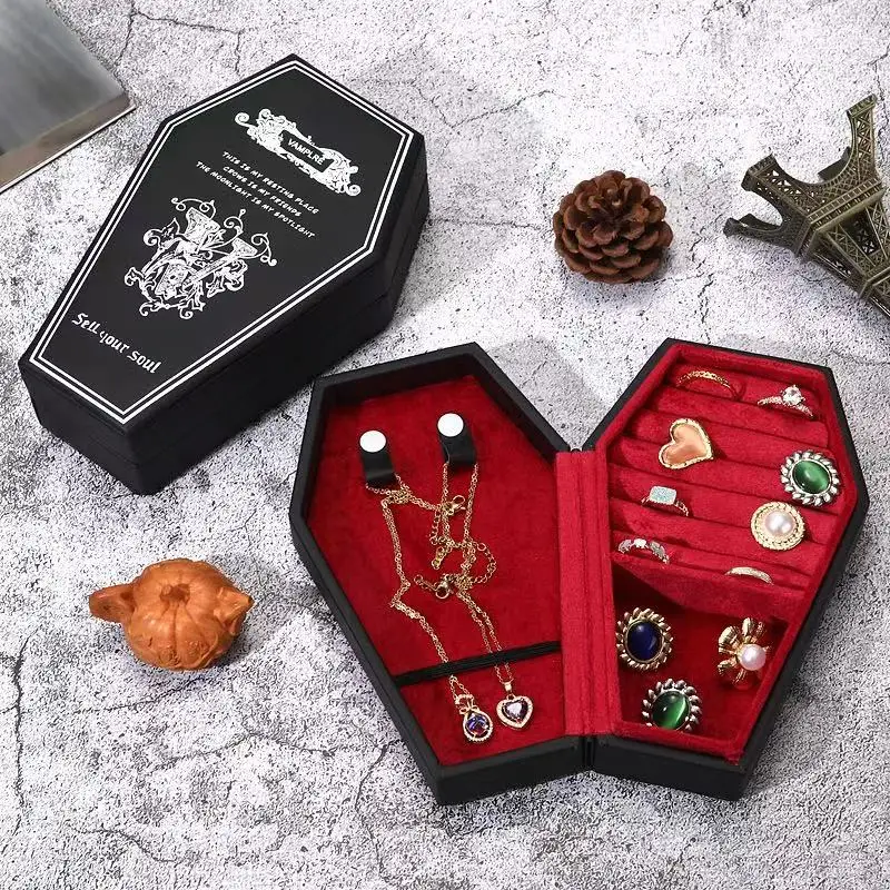 

Gothic Velvet Jewelry Coffin Shape Ring Necklace Storage Box Logo Custom Display Packaging Case Travel Hip Hop Rap Boxes