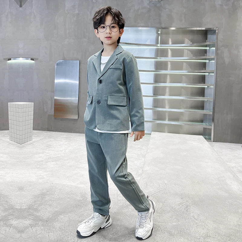 junior Boys Suits Autumn Long Sleeve Casual Blazer Jacket Trouser 2pcs School Uniform Teen Kids Clothes pants Set Child Cosutme