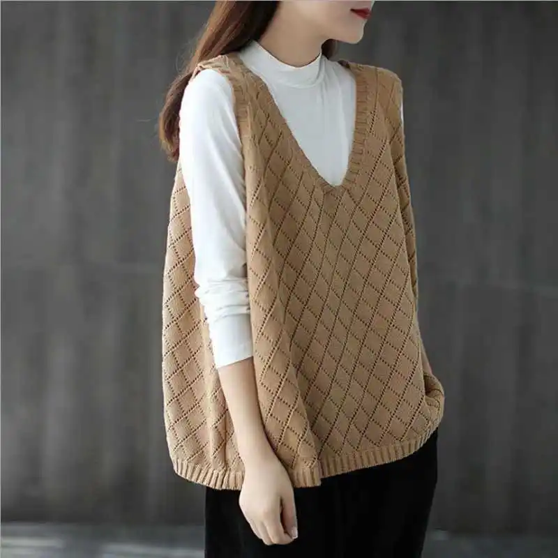 

Loose Knitted Vest Spring Autumn Sle V-Ne Large Size Hollow out Women's Workwear Sweater Fem Faion Artistic Retro