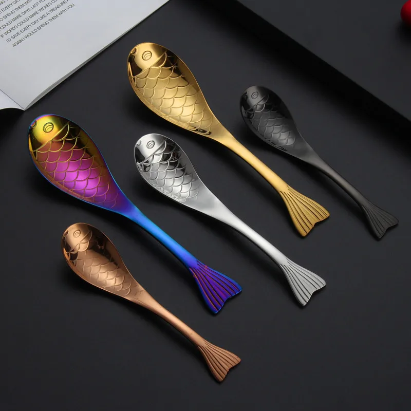 304 Stainless Steel Fish-shaped Tea Spoon Golden Thickened Coffee Spoons Dessert Cake Tools Colors Kitchen Table Decoration