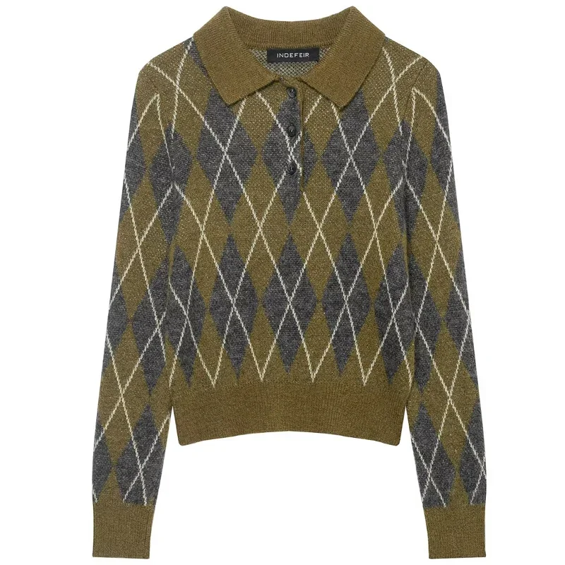 

Autumn Spring Sweaters & Jumpers Women's Long Sleeve Top Elegant Button Light Knitwear Crop Argyle Pullover Women's Sweater