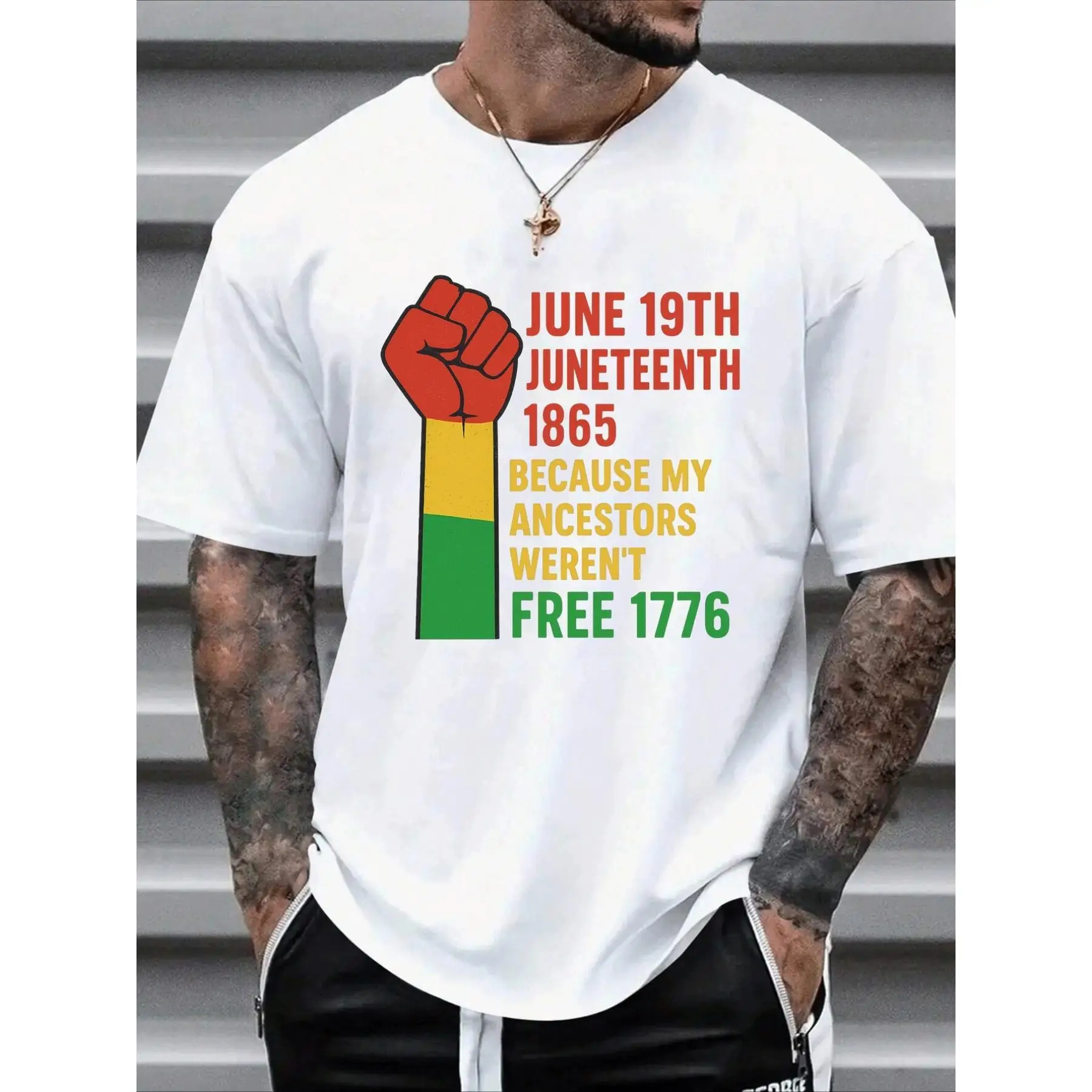 

Men's Juneteenth 1865 Graphic T-Shirt - Bold "Because My Ancestors Weren't Free" Slogan & Raised Fist Design,