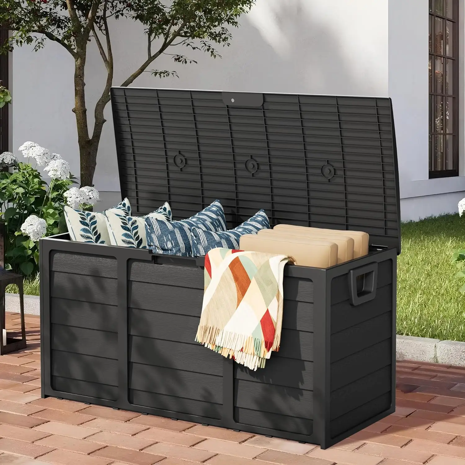 

75 Gallon Outdoor Deck Storage Box – Heavy Duty Resin with Lockable Lid,UV Resistant for Patio Furniture, Garden Tools,Blac