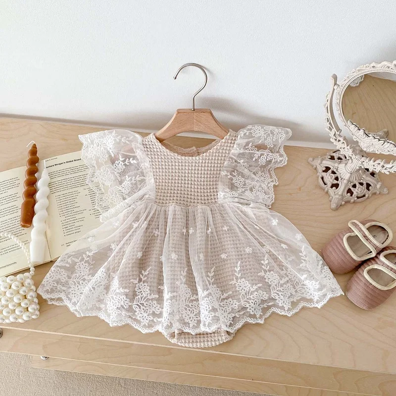 

Baby clothes summer breathable lace fly sleeves newborn Romper birthday party one year old girl princess dress jumpsuit