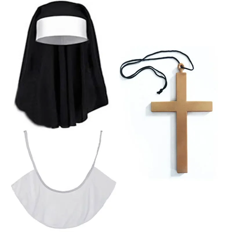 Halloween Nun Cosplay Costume Accessory Set with Catholic Nuns Costumes Hat Pendant Necklace Print Thigh High Socks Nun Collar