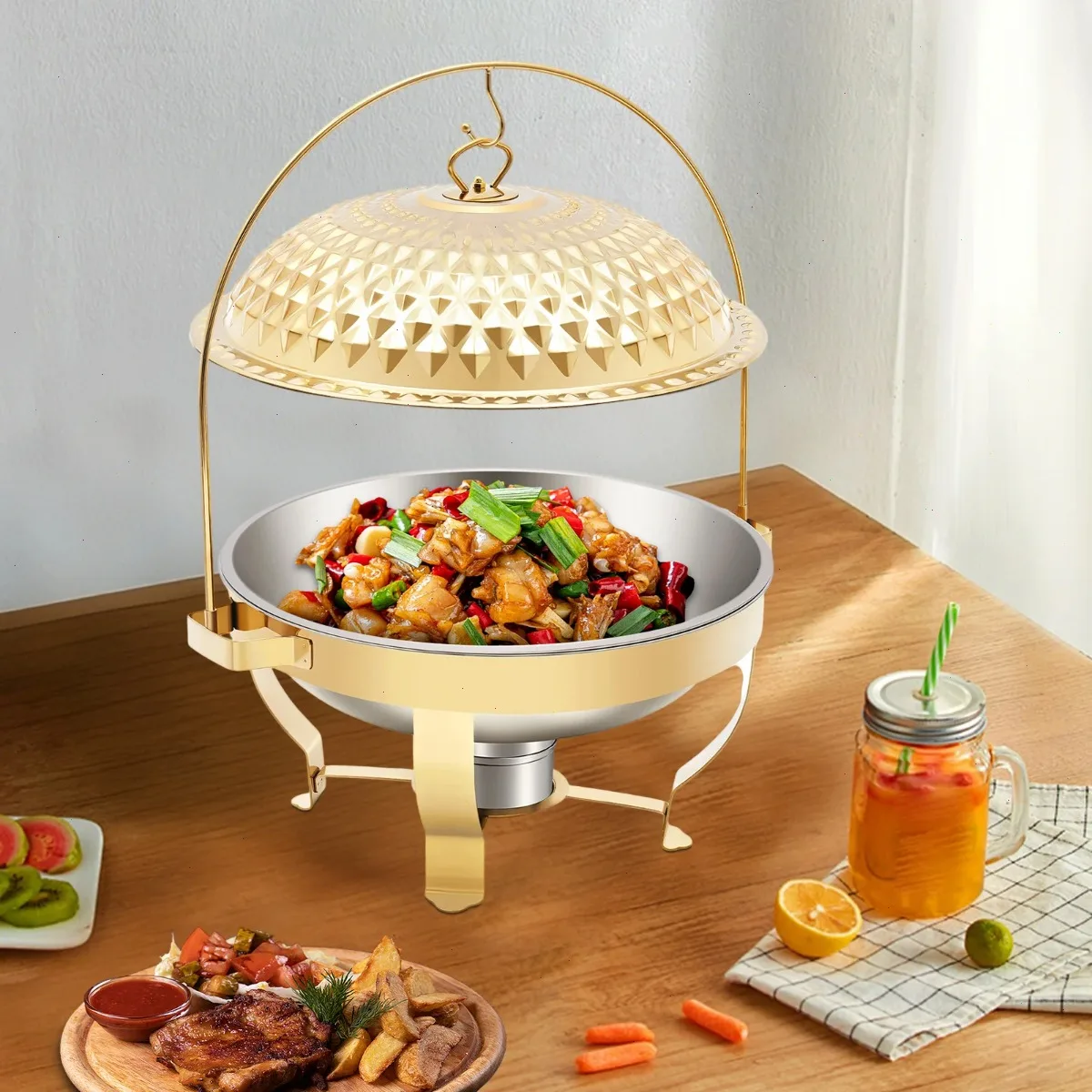 Chafing Dish, 8L Gold Stainless Steel Buffet Food Warmer, Hanging Lid Design, Large Capacity Restaurant Catering Chafer, Heat Retention, Rustproof