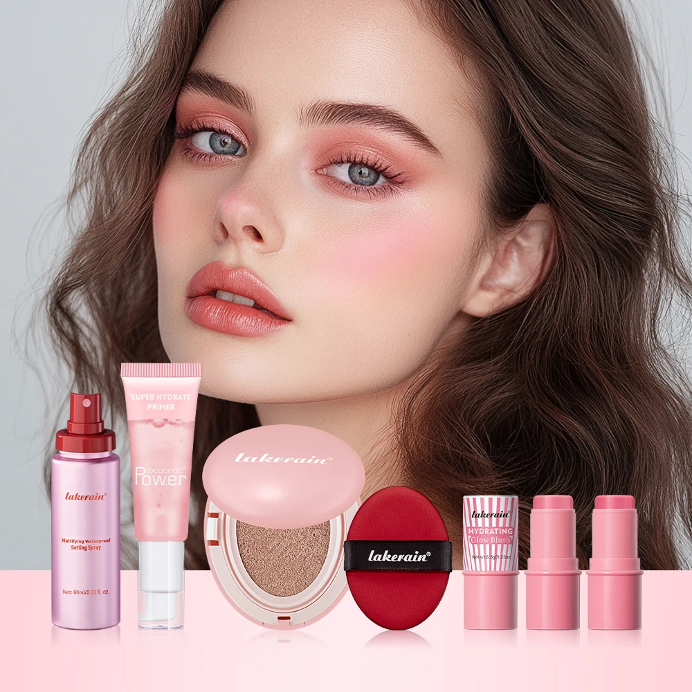Ensemble de maquillage rose, Spray fixateur d'apprêt comprenant coussin d'air, Base de fond de teint, rouge à lèvres, Kit de cosmétiques pour tenue de Blush, 5 pièces/ensemble