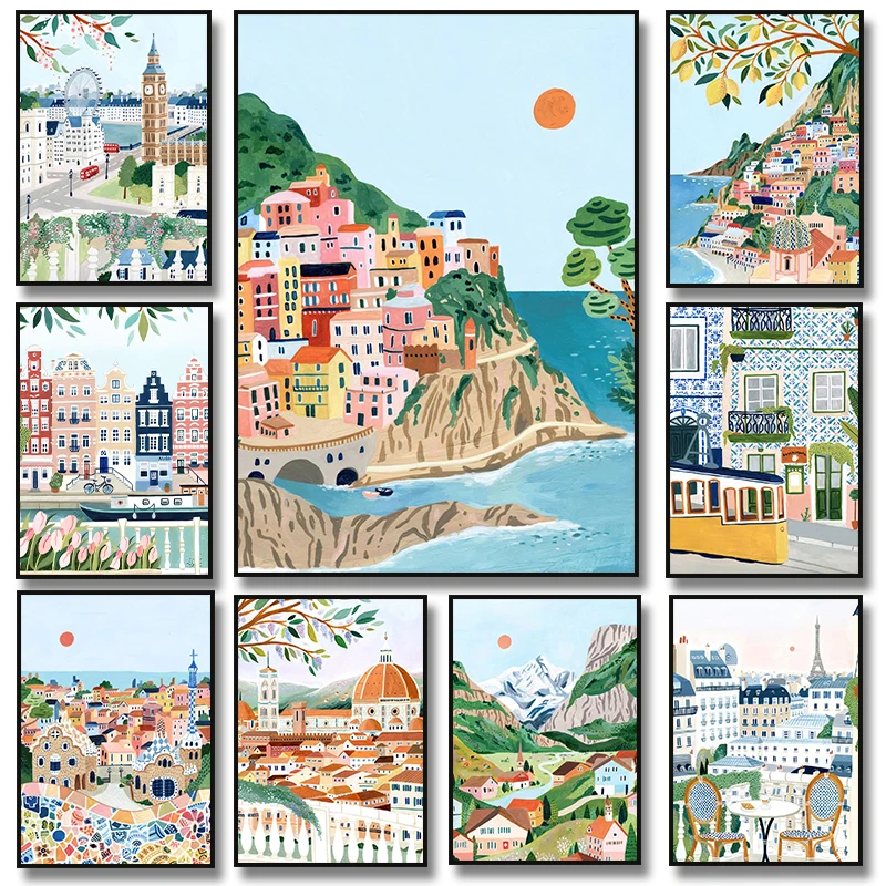 Florence Positano Italy Santorini Amsterdam Poster Print Europe TraveI Rome City Canvas Painting Wall Art Office Home Decor