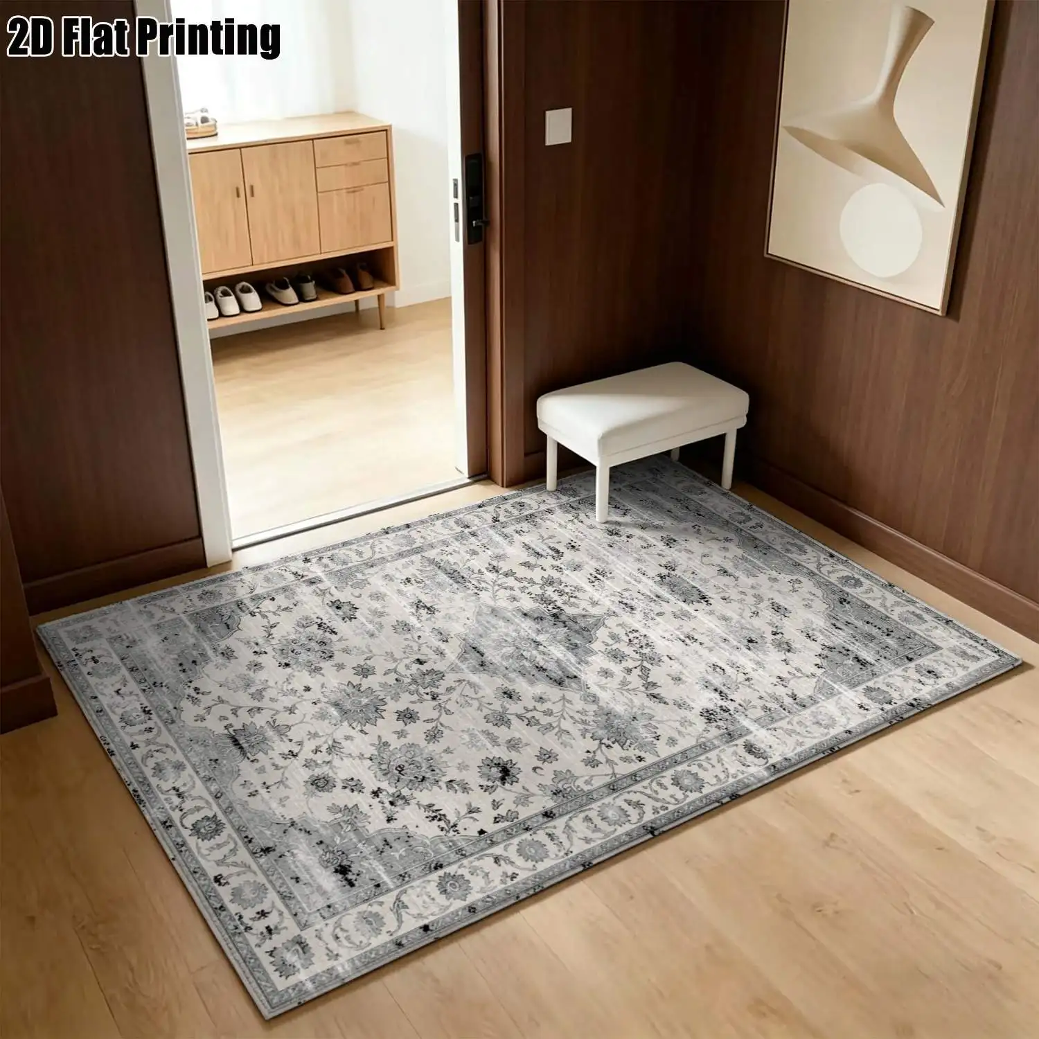 1Pc 2D Printed Retro Blue-Grey Floral Carpet European, Modern Minimalist, Instagram, Bohemian Style, Geometric Striped Floor Mats. Multi-Size, Machine Washable, Ideal for Entrance, Dining Room, Foyer, Bedroom, Living Room Home Decor.