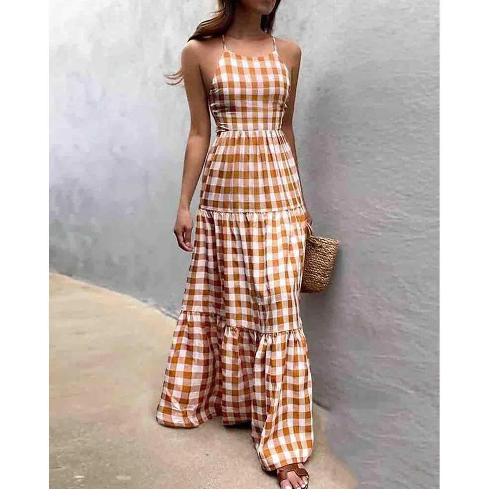 

Orange Halter Prom Party Dresses Check Sleeveless High Quality Square Collar Backless A Line Floor Length Sweep Train Gowns