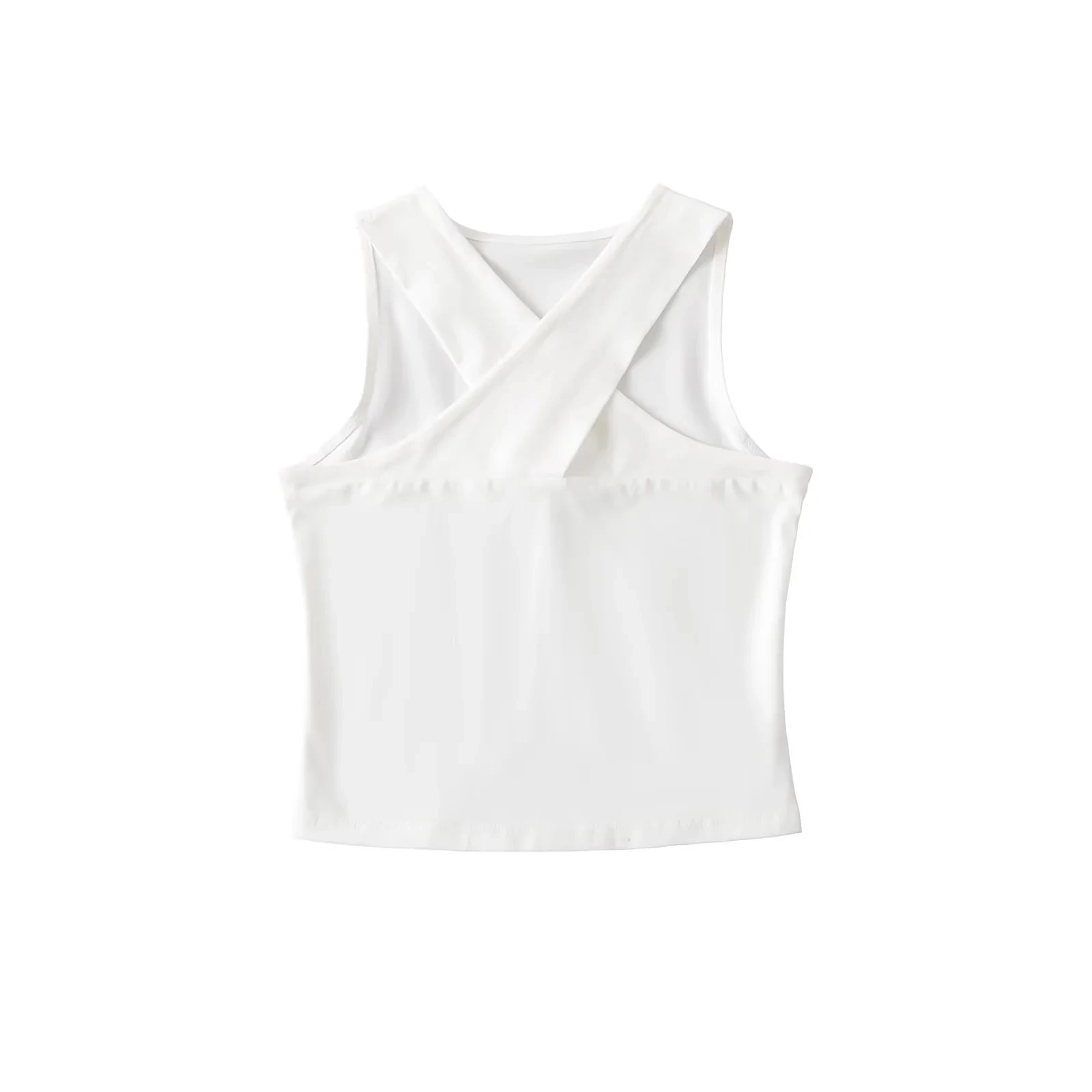 توب نسائي صيفي أمريكي الطراز بدون أكمام وياقة على شكل V متقاطعة، قميص أساسي نحيف بلون موحد مناسب للعمل #3