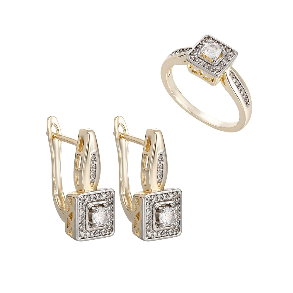 Quadratisches, doppellagiges Zirkon-Vintage-Ohrringe- und Ring-Set, kupferbeschichtet mit 14K Gold, modischer Schmuck für Bankette und Partys, luxuriöse Accessoires. – Detail 9