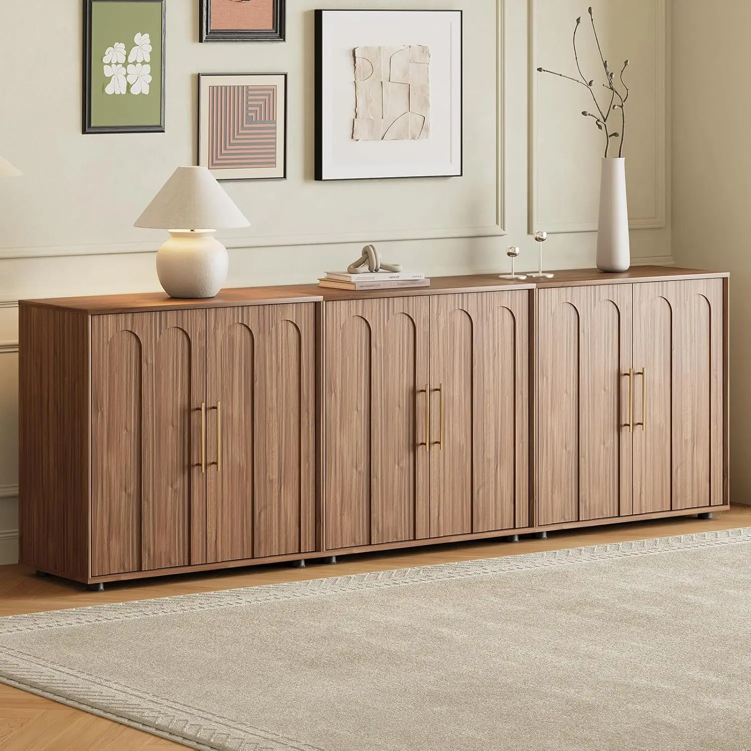 94.5" Wood Sideboard Buffet Storage Credenza Mid Century Arched Doors Media Console Living Entryway Kitchen Hallway, Customized
