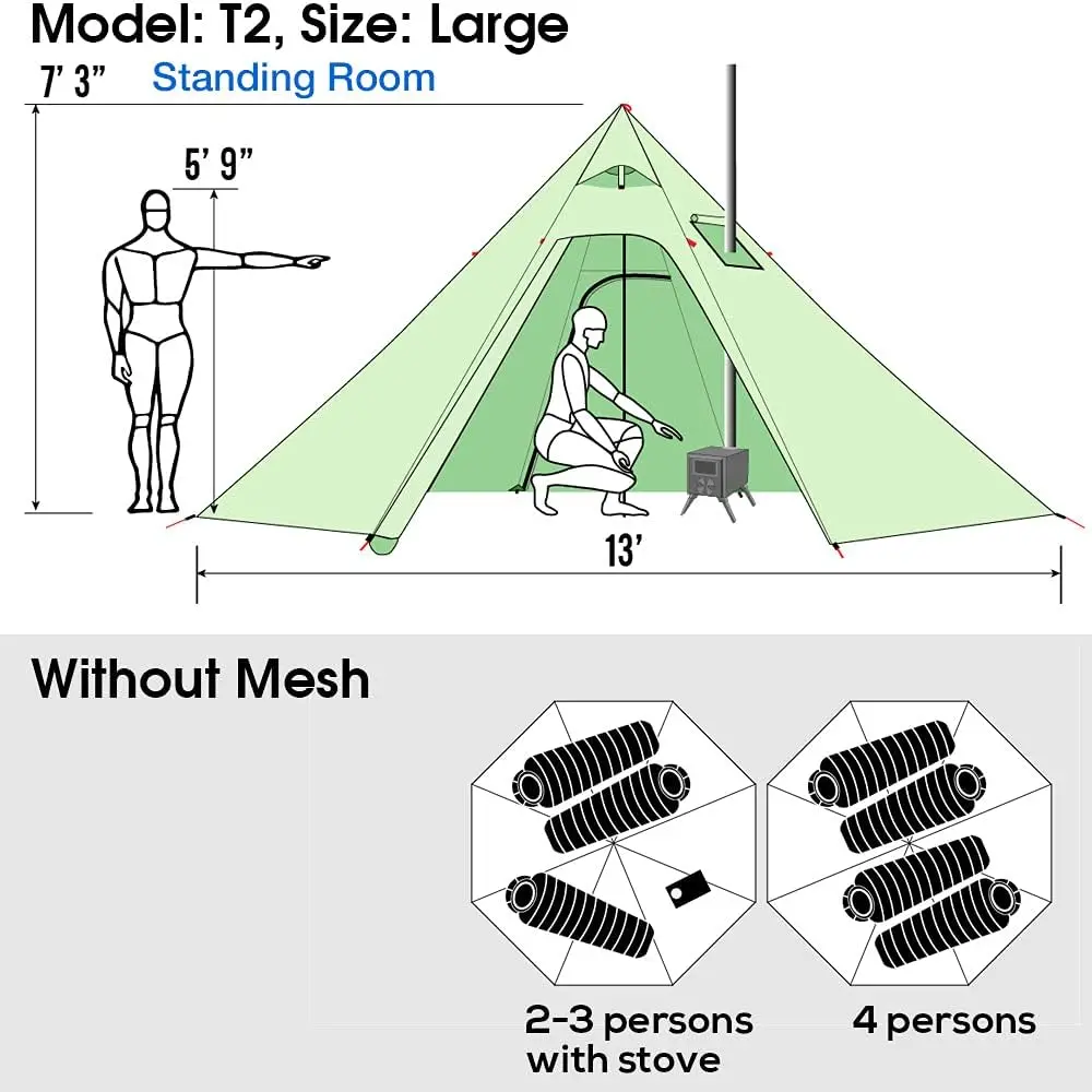 Namiot typu Hot Tent MCETO TINGXUE 320/400/500PRO, zimowa osłona śnieżna, piec na drewno z kominiarem do kempingu, namiot typu Great Pyramid. — 2