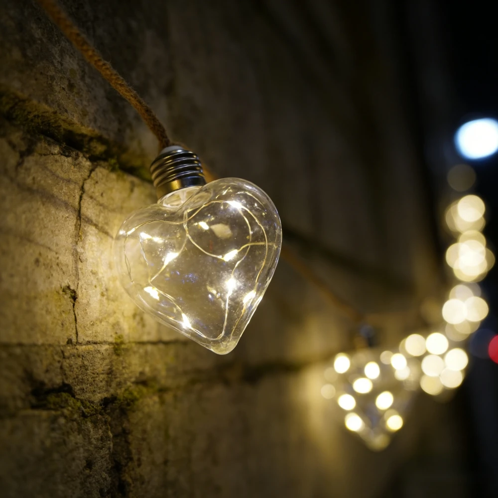 1PC Heart-Shaped Light Bulb Copper Wire Lamp, Solar LED Hemp Rope Lamp, Suitable For Outdoor Terrace Wedding Party Decoration