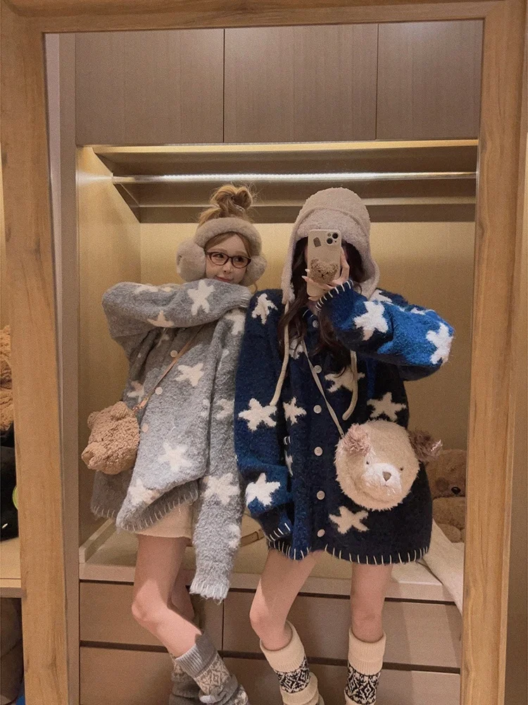 

Вязаный кардиган Yukiss для женщин, осенний, в корейском стиле, теплый, с узором «звезды и круги», на пуговицах, с длинными рукавами, стандартной длины