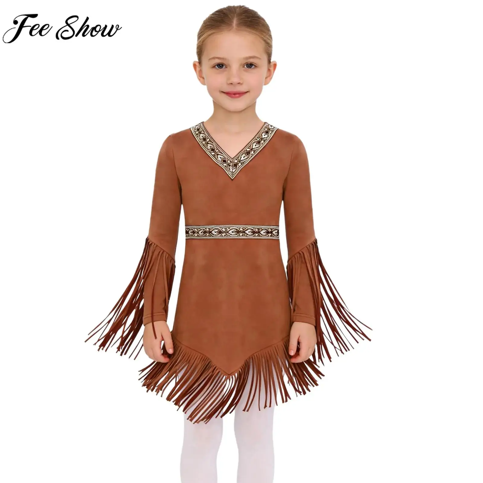 4-16Y Girls Native Americans Indian Maiden Princess Cosplay Dress Halloween Carnival Costume Long Sleeve Zipper Tassel Dresses