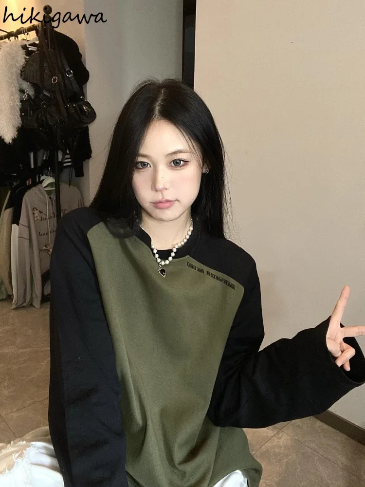 Harajuku Hoodies Women Streetwear BF Vintage Oversized Tops Clothes for Teens Long Sleeve Contrast Color Casual Y2k Sweatshirts