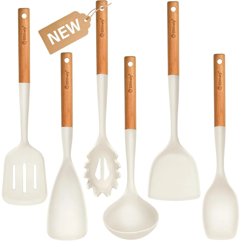 

silicone cooking utensils set, 6 pack large kitchen utensils set with wooden handle, heat resistant silicone utensil spatula set