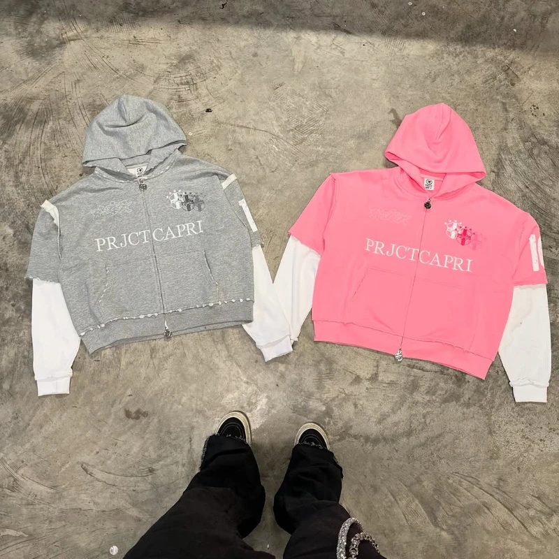 

Y2K trendy hoodie pullover oversized letter pattern printed long sleeved Two layers cotton zip up hoodie Harajuku men streetwear