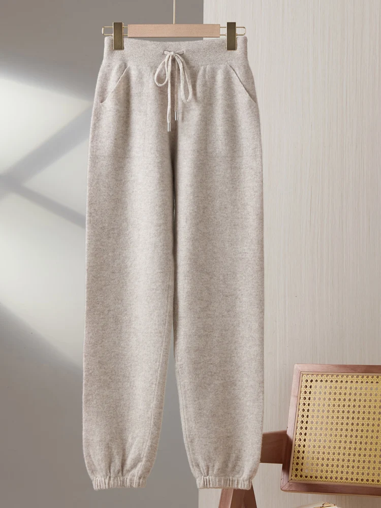 Women's Pencil Pants 100% Merino Wool Pants Autumn Winter Knit Pants Warm Cashmere Trousers Elastic Lace-up Casual Jogger Pants