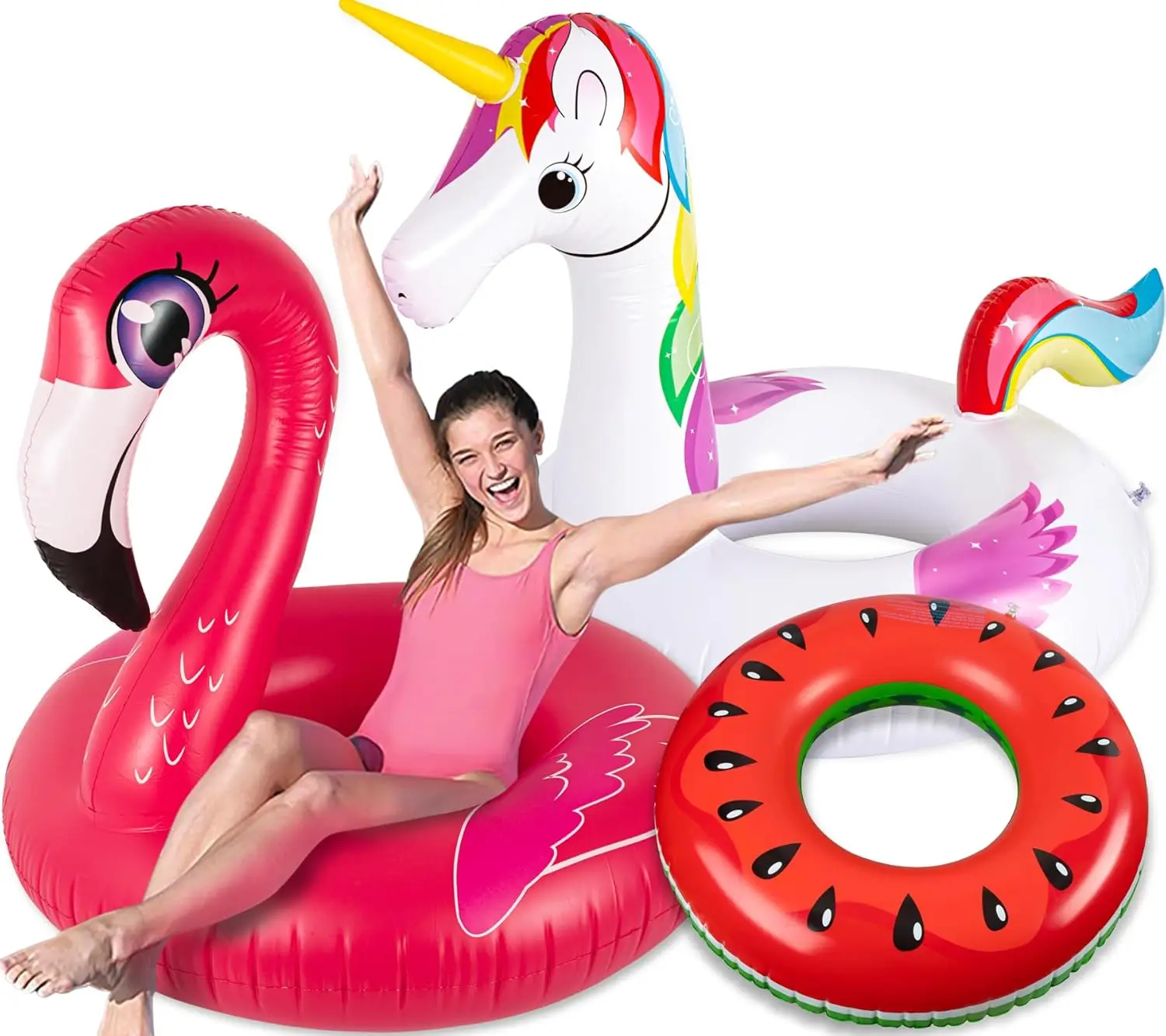 

3-Piece Inflatable Pool Float Set - Unicorn,Flamingo, Watermelon Designs for Adults and Teens, Perfect for Beach or Pool Parties