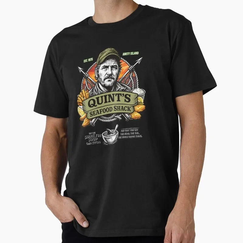 Quint's Seafood Shack Jaws Horror Movie Gift T Shirt Retro Amity Island Great White Shark print Graphic Tops Short Sleeve Tee