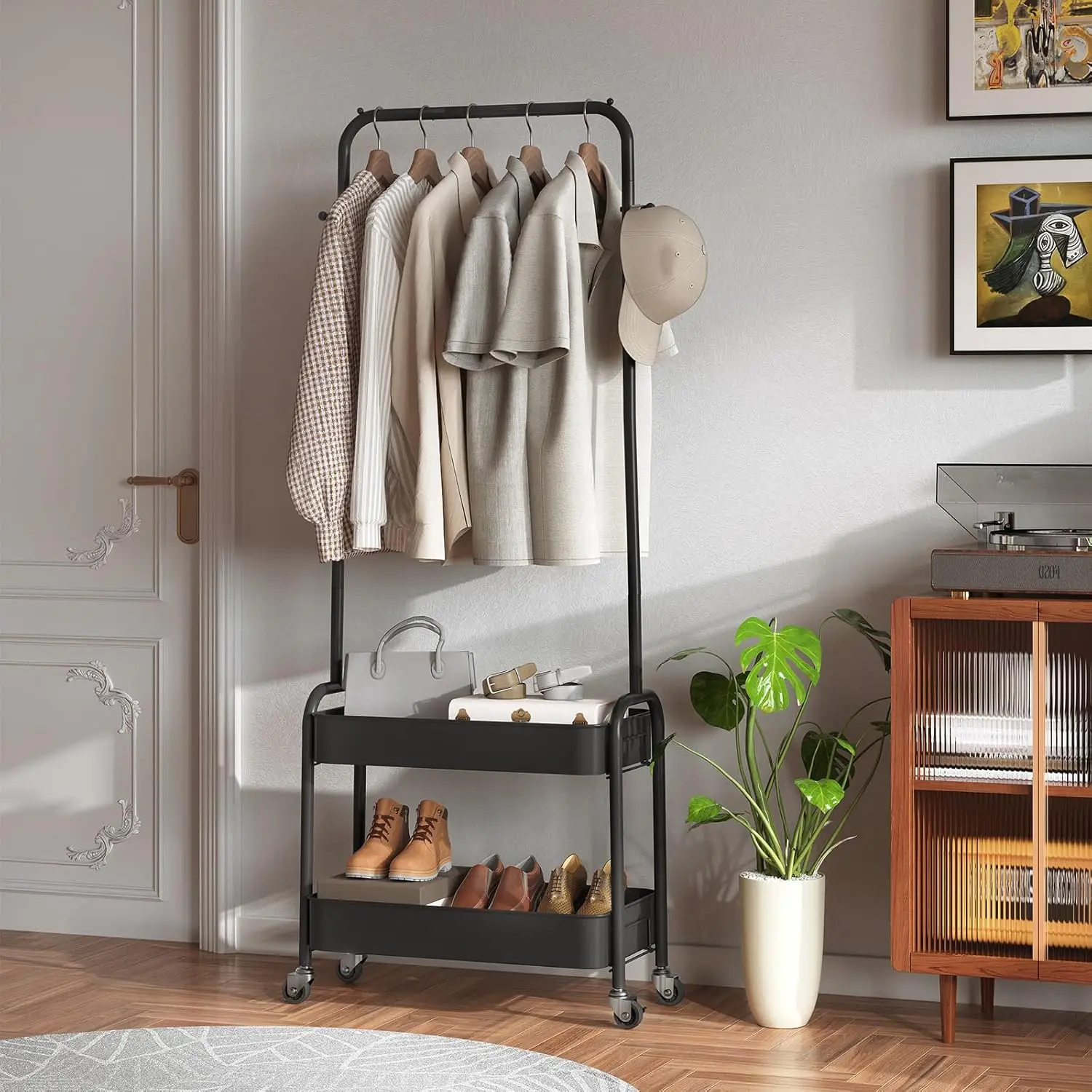 Portable Rolling Garment Rack with Wheels and Baskets, Black Metal Storage for Hanging Clothes