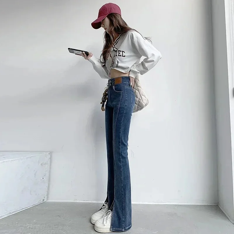 

2023 Winter Women Feet Split Wide Jeans Loose Side Pocket High Street Thermal Jeans Designer Elastic Skinny Thicken Fleece Pants