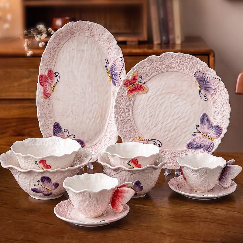 Creativity Butterfly Ceramic Plate Underglaze Color Relief Hand-decorated Dinner Plates Animal-shaped Bowl Household Tableware