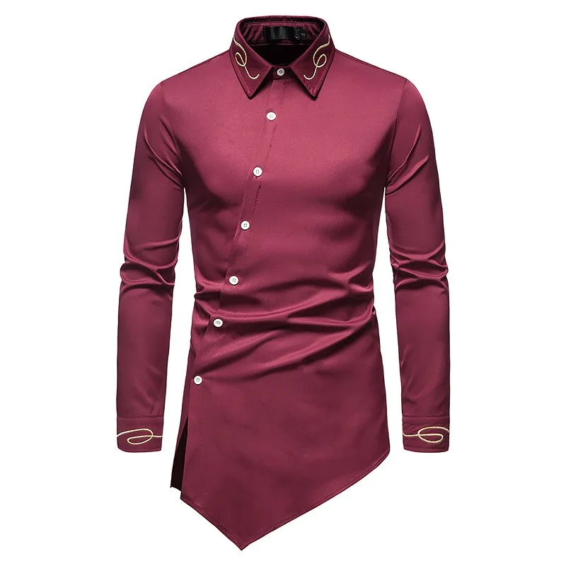 Camisa de mezclilla occidental ahuecada para hombre, camisa asimétrica bordada, manga larga, talla europea, nueva moda