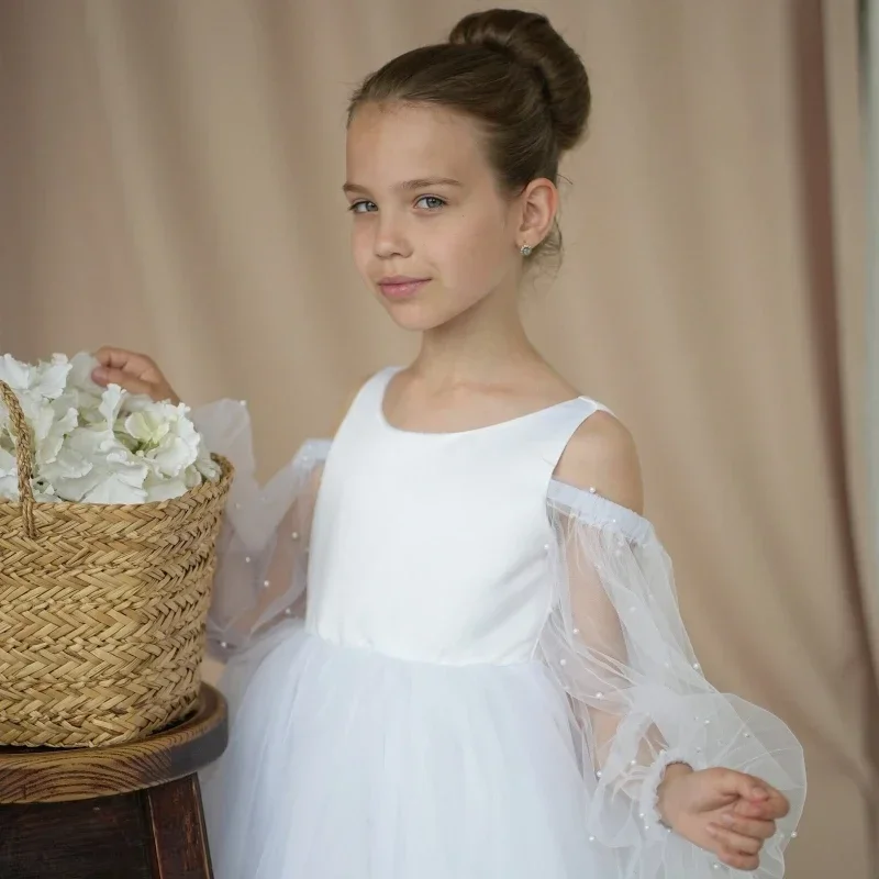 꽃의 소녀 드레스 흰색 Tulle Appliques 활 진주 긴 소매 결혼식 생일 파티 성찬식 가운