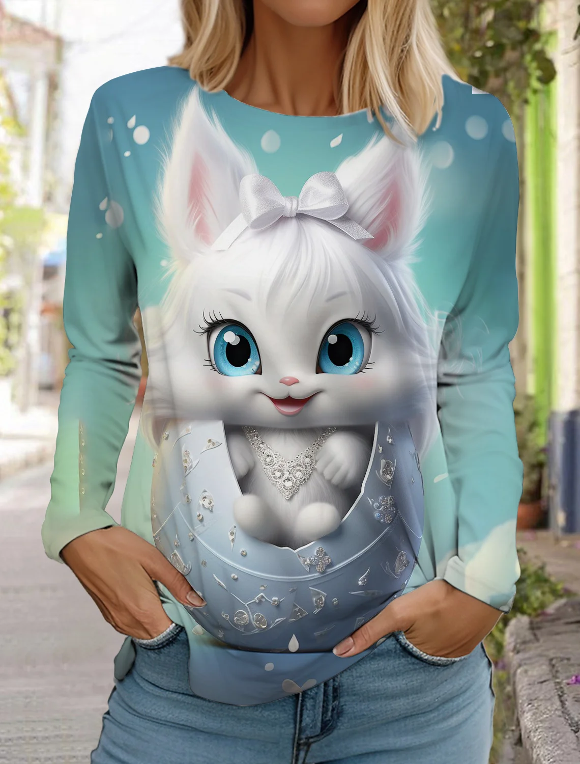 2024 Autumn and Winter Women\'s Long Sleeve 3D Printed Kitten Cute Print T-Shirt Women\'s Streetwear Round Neck Long Sleeve