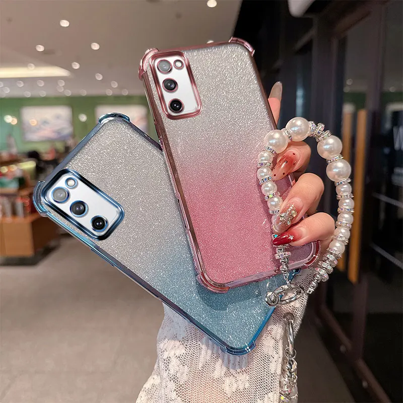 Gradient Glitter Shockproof TPU Phone Case with Luxury Pearl Chain Wrist Strap For Samsung Galaxy S20 Fe Plus Ultra Back Cover