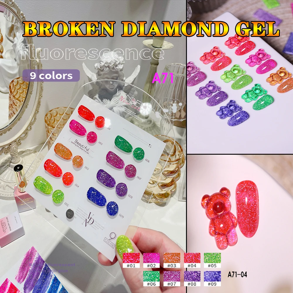 

Vendeeni 9 Colors/set Glitter Broken Diamond Gel Nail Polish UV LED Fluorescence Colorful Gel Nail Lacquer With Color Card