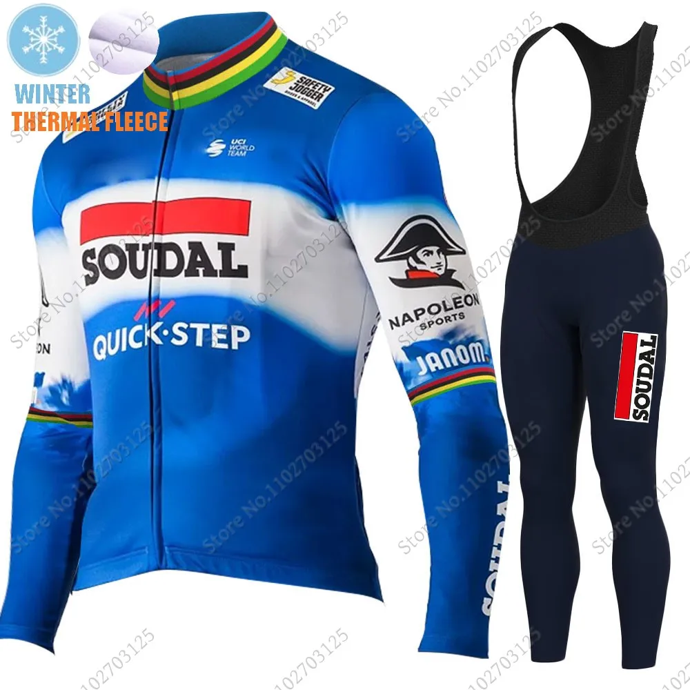 2024 World Champion Soudal Quick Step Team Cycling Jersey Set Long Sleeve Themal Fleece Clothing Suit MTB Bike Road Pants Bib