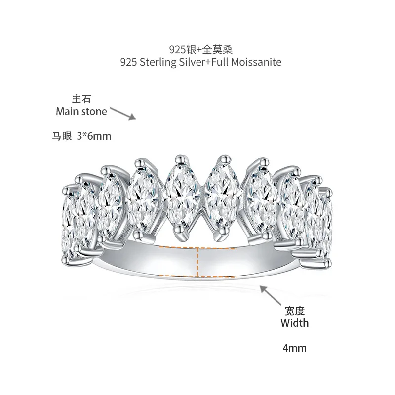 3x6mm Marquise Cut Full Moissnite Diamond Rings for Women 100% S925 Sterling Silver Half Eternity Engagement Ring Wedding Band