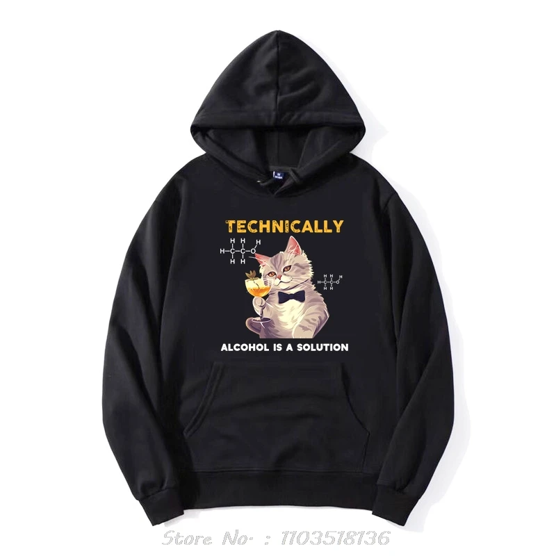 Technically Alcohol Is A Solution Graphic Hoodie Funny Cat Drinking Beer Hoody Fashion Harajuku Sweatshirt Clothing Oversized