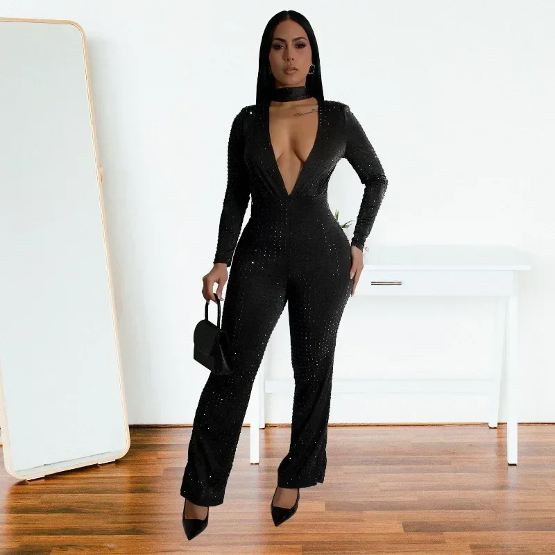 

GUWU Full Sleeve Women V-neck Jumpsuits Shinny Rhinestone Rompers One Piece Sexy Night Club Party Outfits with Scarf