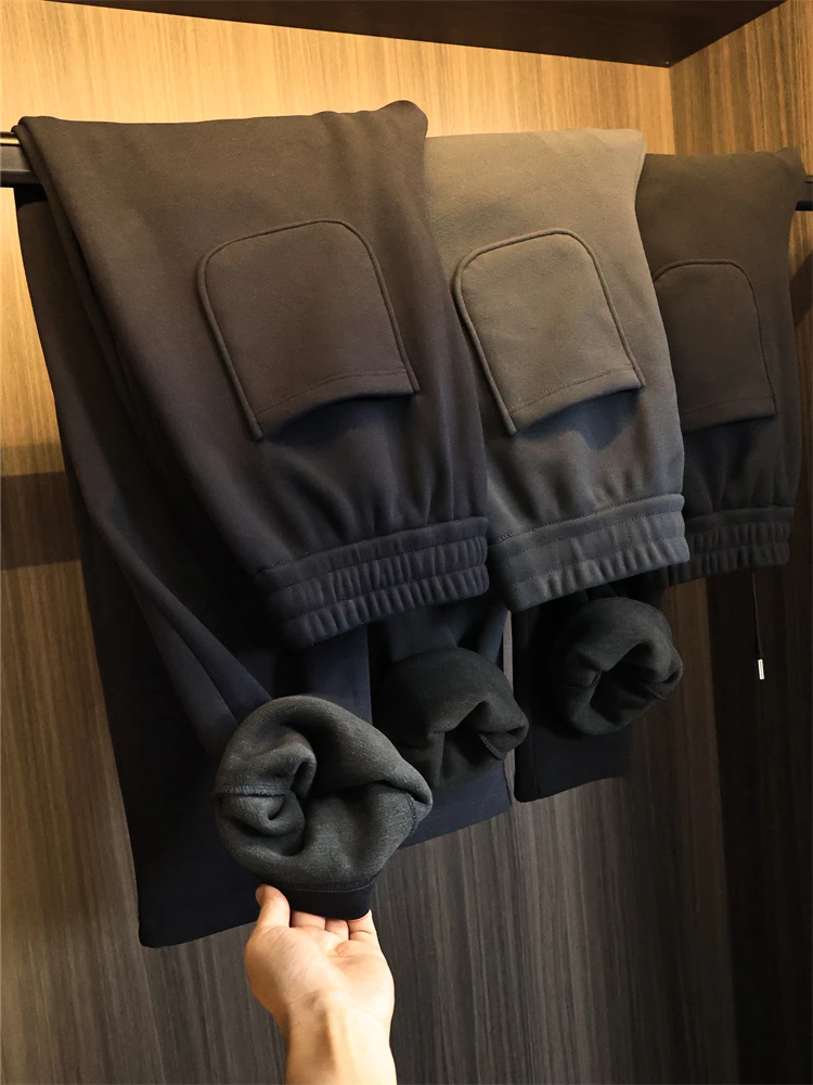 

Anti-Wrinkle Non-Iron High-Drape Fabric Men's Autumn Winter Thiened Fce Lined Straight Leg Casual Trousers Pure Color Blend