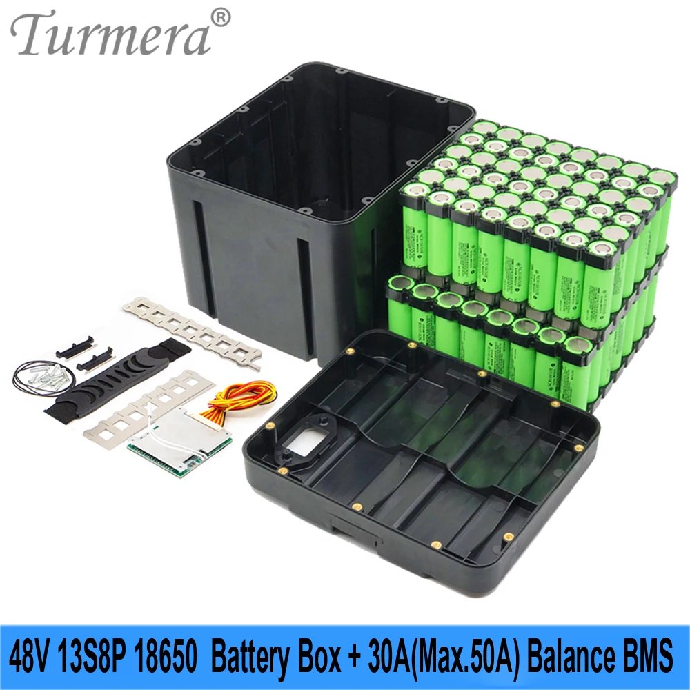 Turmera 48V E-Bike Battery Box Case 13S 30A 50A Balance BMS z uchwytem 13S8P 18650 DC XT60 Wtyczka spawalnicza Nickel do majsterkowania