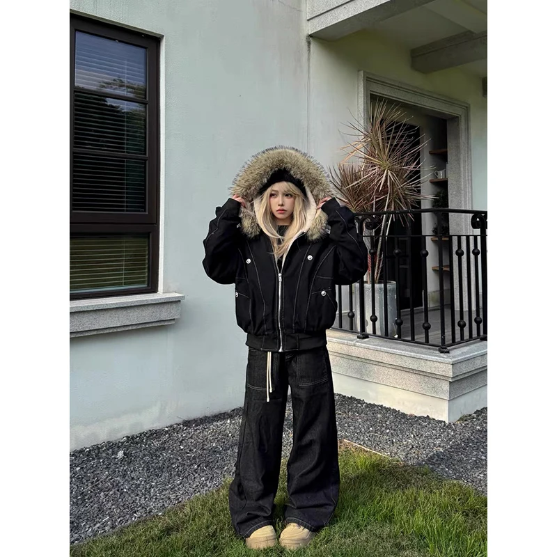 YIBASHU Zimní dámská vlněná bunda s kapucí z jehněčí vlny, americký retro kabát z umělé kožešiny, korejský styl Y2k z roku 2000, silná teplá bunda - náhled 5