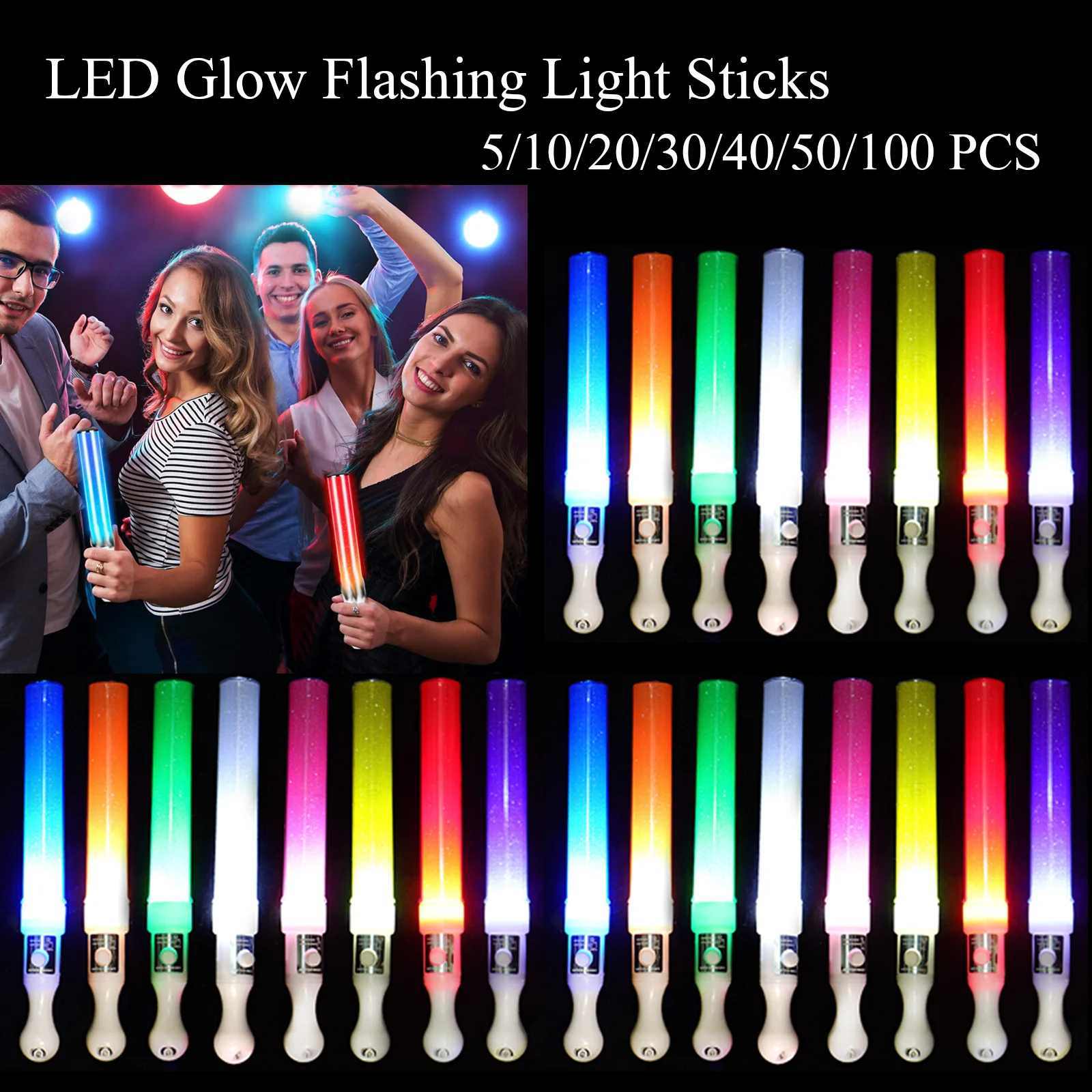 8-100 PCS Battery Powered LED Glow Flashing Light Sticks for Wedding Celebration Vocal Concerts Atmosphere Props Party Supplies