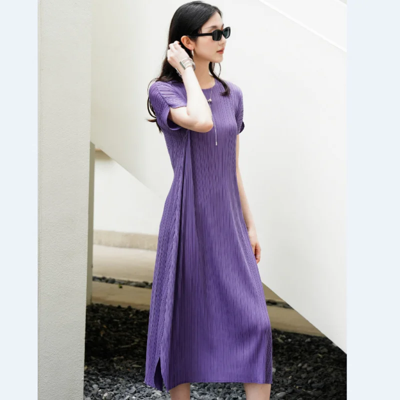 

Miyke fashion trend summer high-end pleated casual fashion loose sleeve round neck dress [5378]