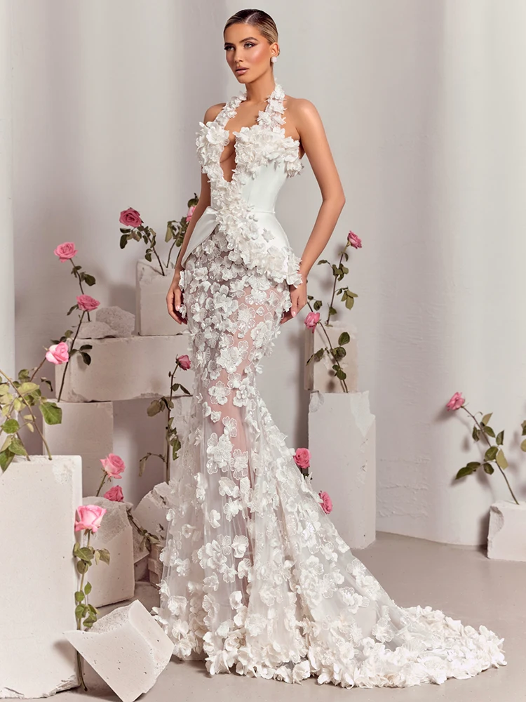 VC 섹시 갈라스 화이트 3D 플로럴 딥 브이넥 홀터 머메이드 드레스 웨딩 파티 가운
