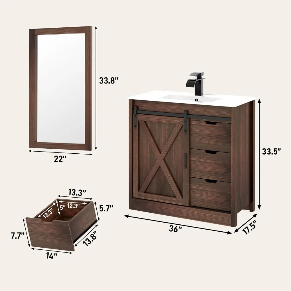 36 Inch Farmhouse Bathroom Vanity with Sink, Faucet & Mirror - Brown
