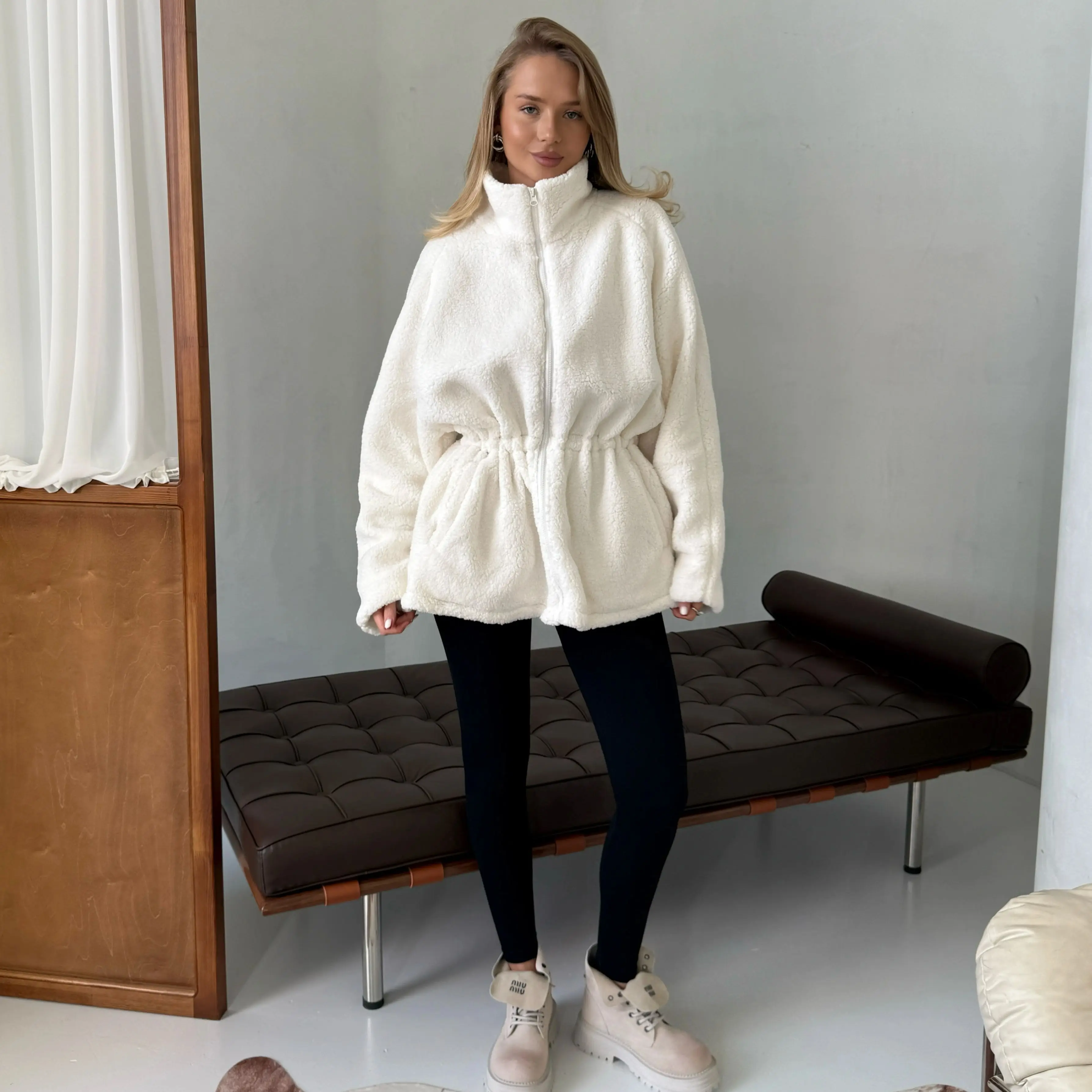 Women's Brown Beige Fluffy Faux Fur Coat Zip Up Stand Collar Drawstring Oversized Winter Warm Jacket Cozy Elegant Chic