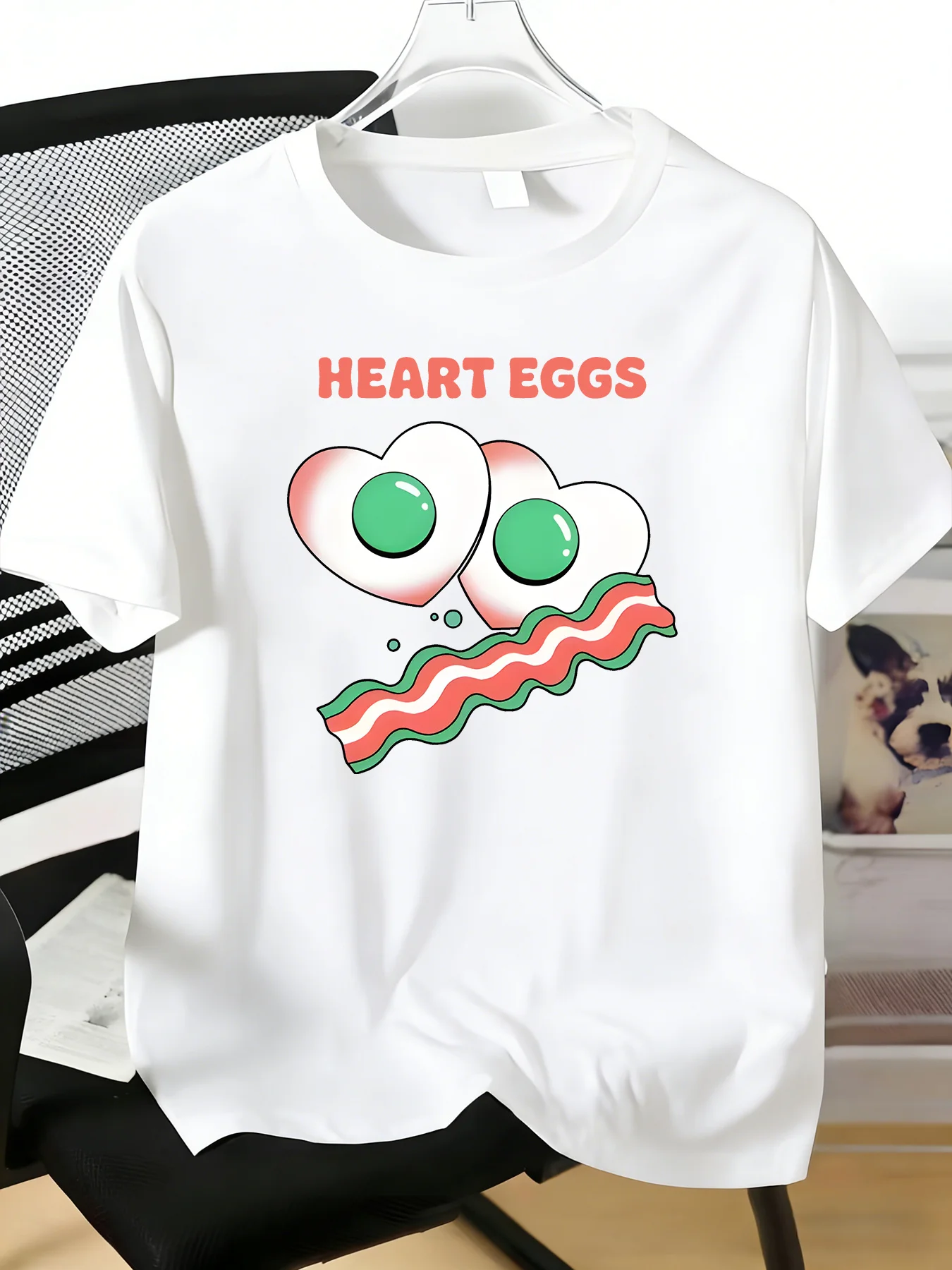 Mens Red Short Sleeve Tee Heart Eggs Bacon Print Soft Crew Neck Casual T Shirt Breakfast Fan Summer Street Daily Basic Fit Top