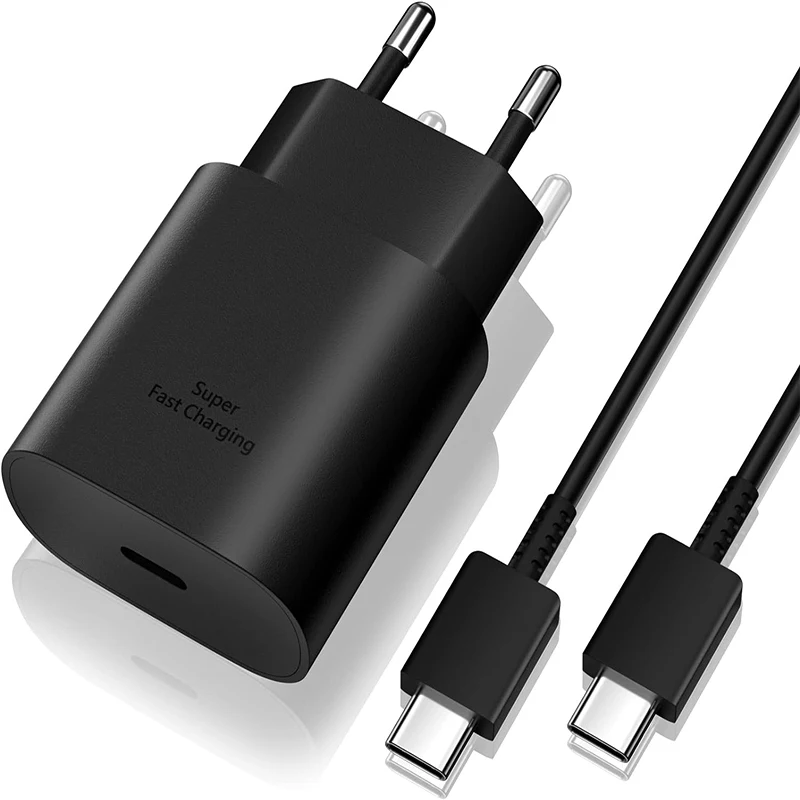 USB C 25W Fast Wall Charger with USB C to Type C Fast Charging Cable For Samsung For Galaxy S25 24 S23 S22 S21 S20 Note 10
