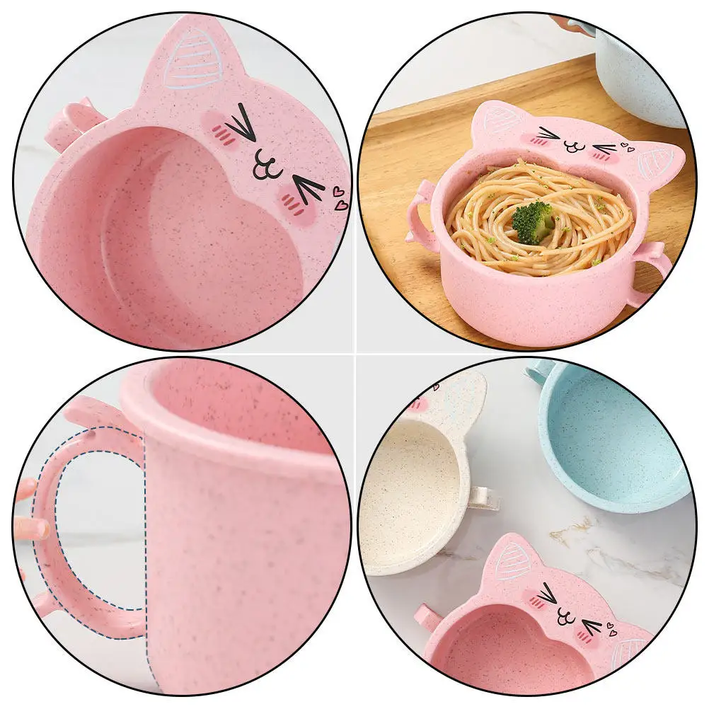 

3Pcs Premium Wheat Straw Children Bowls Cat Design Double Handle Baby Food Bowls for Cereal Fruit Salad Snacks Household